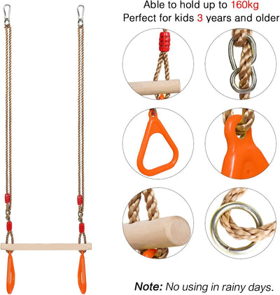 PELLOR Multifunktions Kinderholz Trapeze Schaukel mit Kunststoff Turnringe zum Aufhängen belastbar b