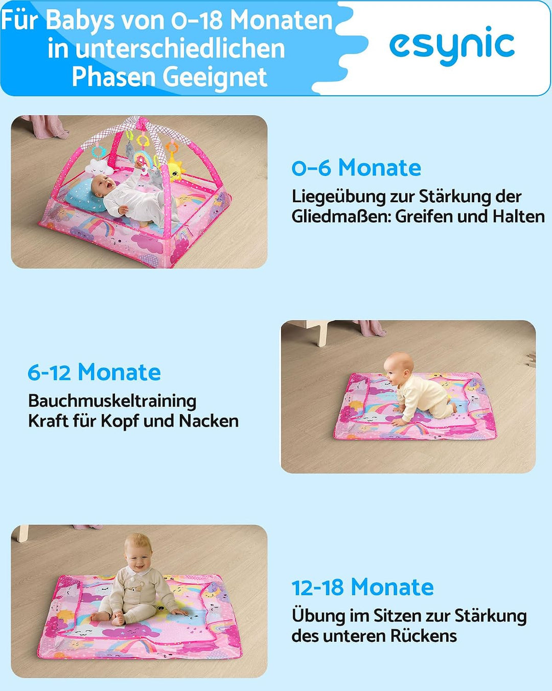 eSynic Babygym Spieldecke Krabbeldecke mit Spielbogen & Netz 7-in-1 Baby Play Mat für Bauchzeit mit