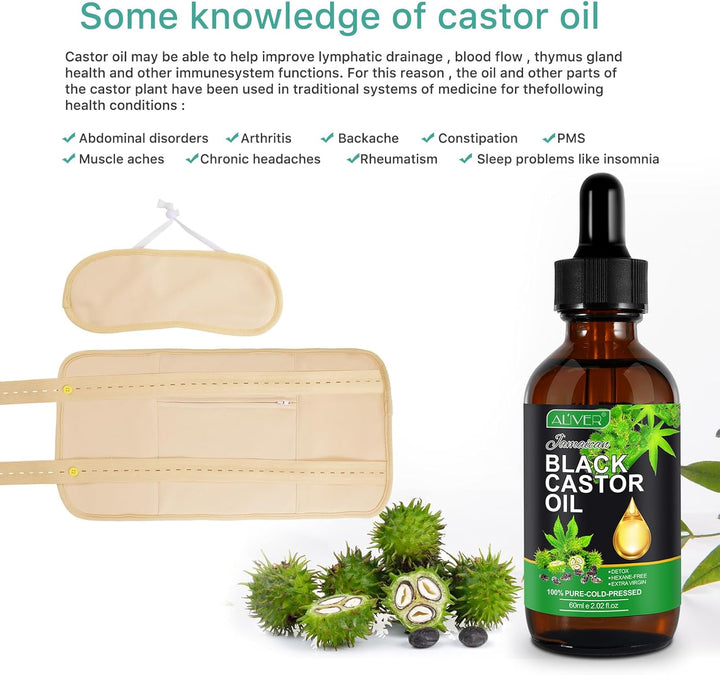 Castor Oil Pack, Wiederverwendbare Bio Rizinusöl Wrap, Kit mit verstellbaren elastischen Riemen Komf