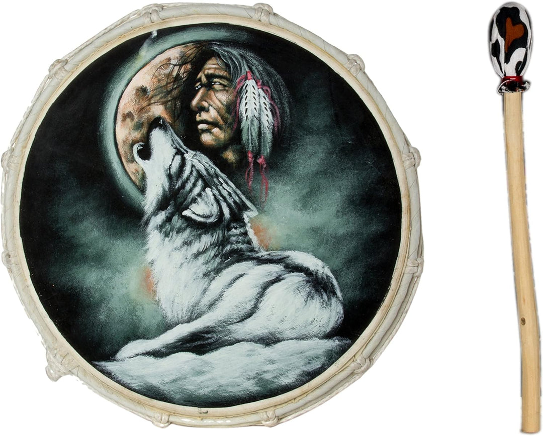 40cm Grosse Schamanentrommel Wolf mit Indianer Rahmentrommel Bodhran Drum