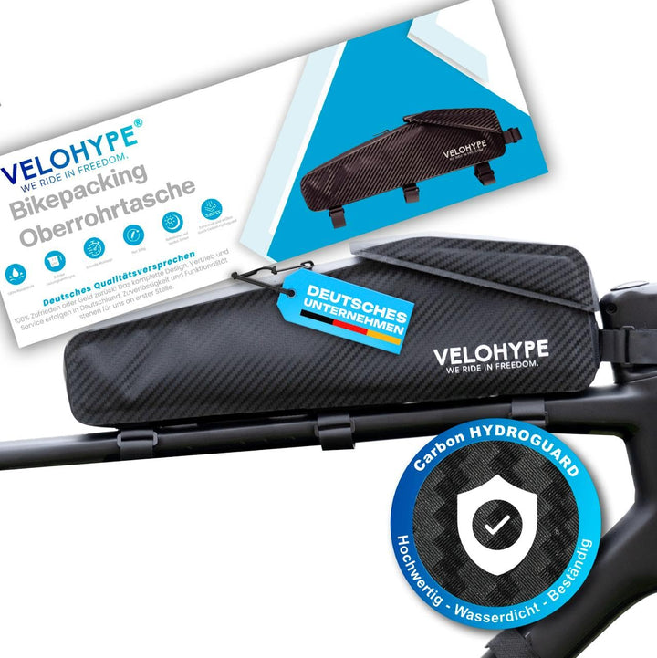 Velohype® XL-Bikepacking Oberrohrtasche | 2,5 Liter | 100% Wasserdicht | reissfestes Carbon-Hydrogua