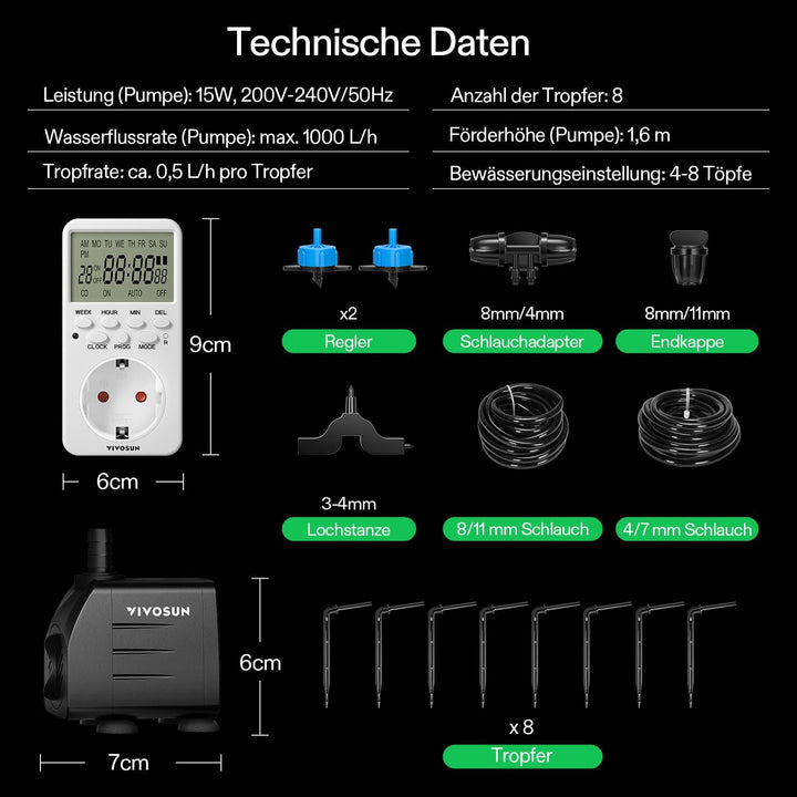 VIVOSUN Bewässerungssystem automatisches Tropfbewässerungsset 15W mit Pumpe,Timer und Regler,8 Tropf