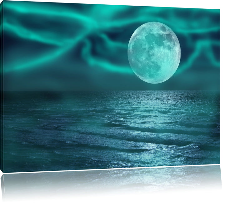 ruhiges Meer mit Vollmond schwarz/weiss Format: 100x70 auf Leinwand, XXL riesige Bilder fertig gerah