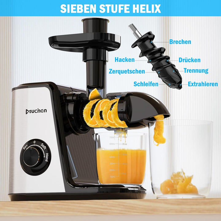 Muchen Slow Juicer Entsafter für Obst und Gemüse Ruhiger Motor Leichte Reinigung mit Rückwärts-Kau-F
