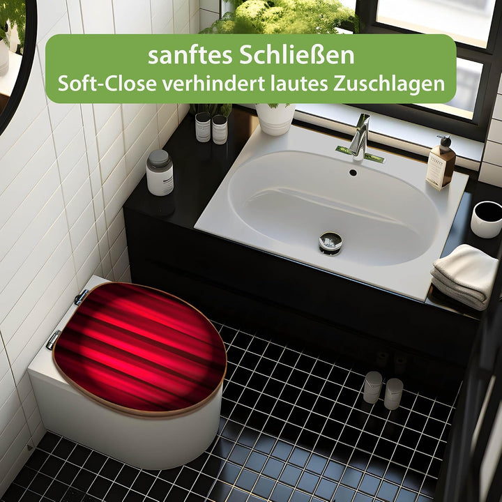 banjado® Design WC Sitz Bambus Absenkautomatik mit Motiv Roter Vorhang/Toilettendeckel mit Absenkaut