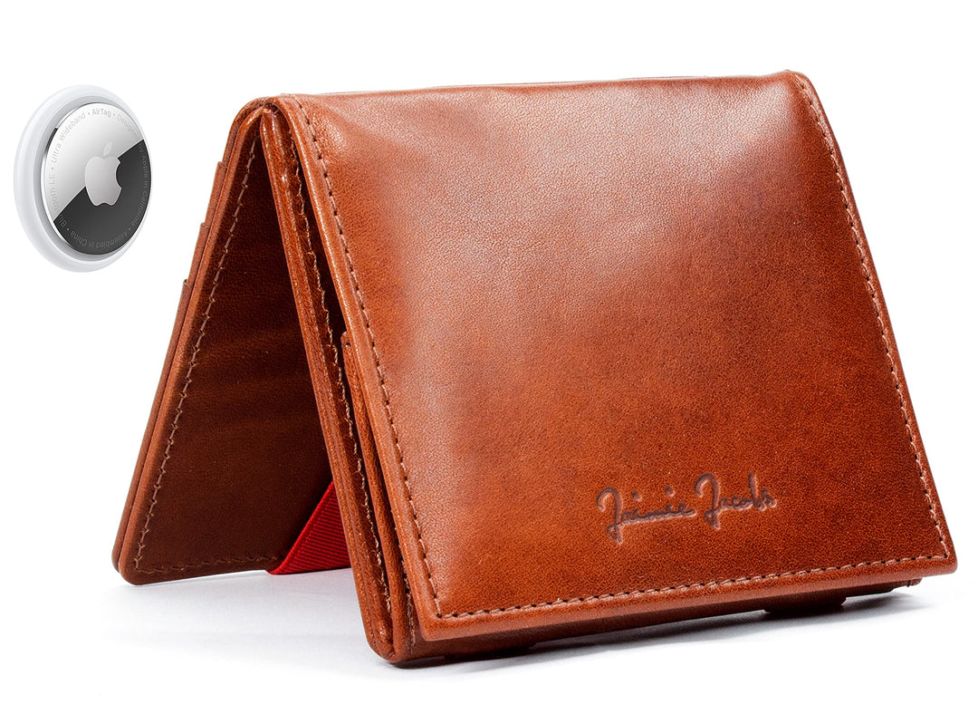 Jaimie Jacobs Flap Boy AirTag Edition Magic Wallet mit Münzfach Echtleder (Dunkelbraun mit Rot), Dun