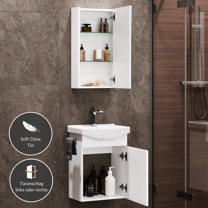 Planetmöbel Badmöbel Set aus Waschtisch + Waschbecken + Spiegelschrank, Gäste Bad WC, Farbe Weiss, W