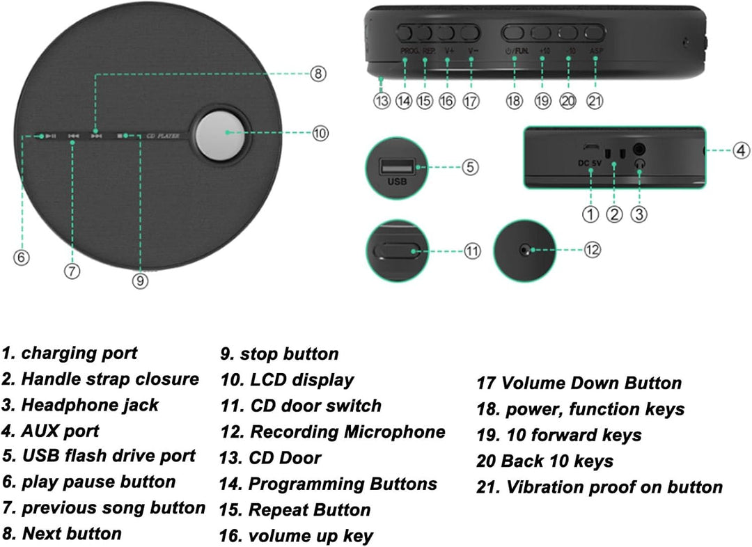 CD-Player, Tragbarer Bluetooth 5.0-CD-Musikplayer mit Wiederaufladbarem 2000-mAh-Akku, Aussenlautspr
