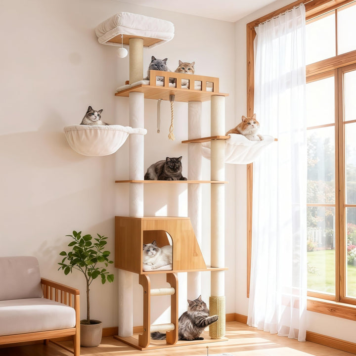 Hey-brother Holz Kratzbaum, 184cm Katzenbaum für Grosskatze, mehrstöckiger Stabil Katzenkratzbaum Mi