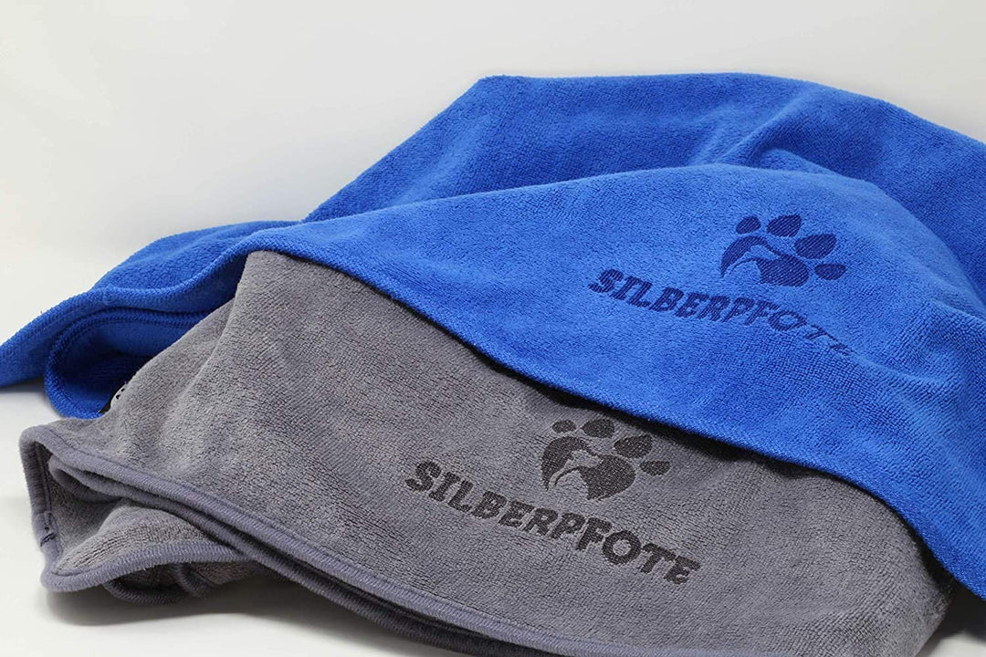 Silberpfote® Hundehandtuch Set - 2er Pack – Weich, Waschbar und Saugfähig - 130x75cm, Blau & Grau -