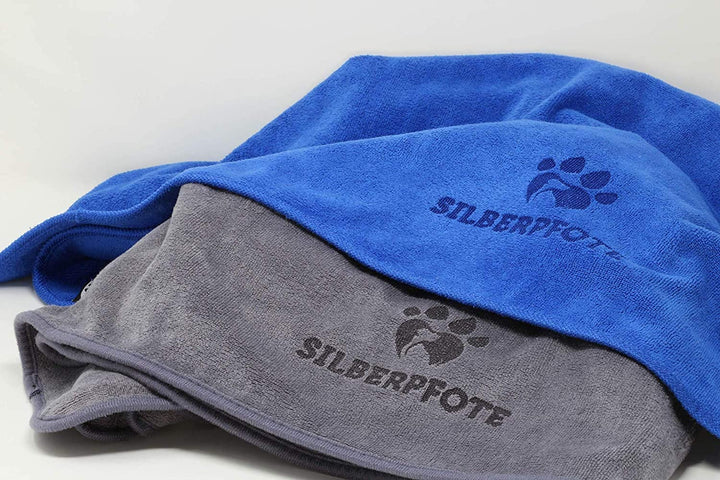 Silberpfote® Hundehandtuch Set - 2er Pack – Weich, Waschbar und Saugfähig - 130x75cm, Blau & Grau -