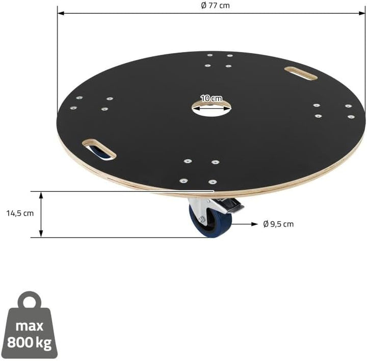 ECD Germany Transportroller rund Ø77x14,5 cm mit Siebdruckplatte und 2 gebremsten Rollen, 800kg Trag