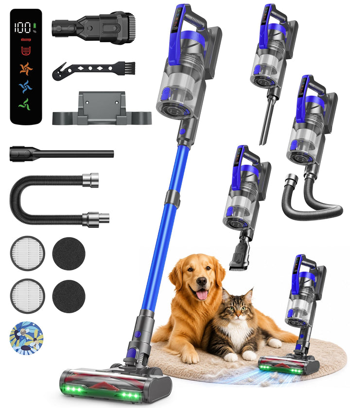 Zoomcat Akku-Staubsauger 600 W, 50 kPa, 70 Min kabellos blau | Tierpflegebürste, 1,4m Schlauch, Wand