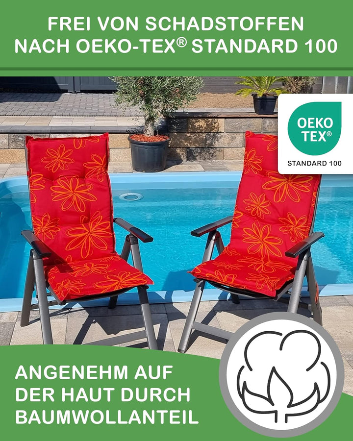 DILUMA Hochlehner Auflage Naxos für Gartenstühle 4er Set 118x49 cm Blume Schwarz - 6 cm Starke Premi