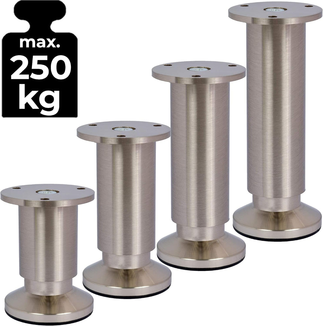 Stahlia Möbelfüsse verstellbar (4er Set) 15cm Höhe Edelstahl Optik Ø 38mm Aluminium Schrankfüsse bel