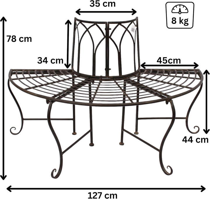 DanDiBo Baumbank Halbrund Metall Wetterfest Braun 127 cm 3 Sitzer 121071 Gartenbank mit Rückenlehne