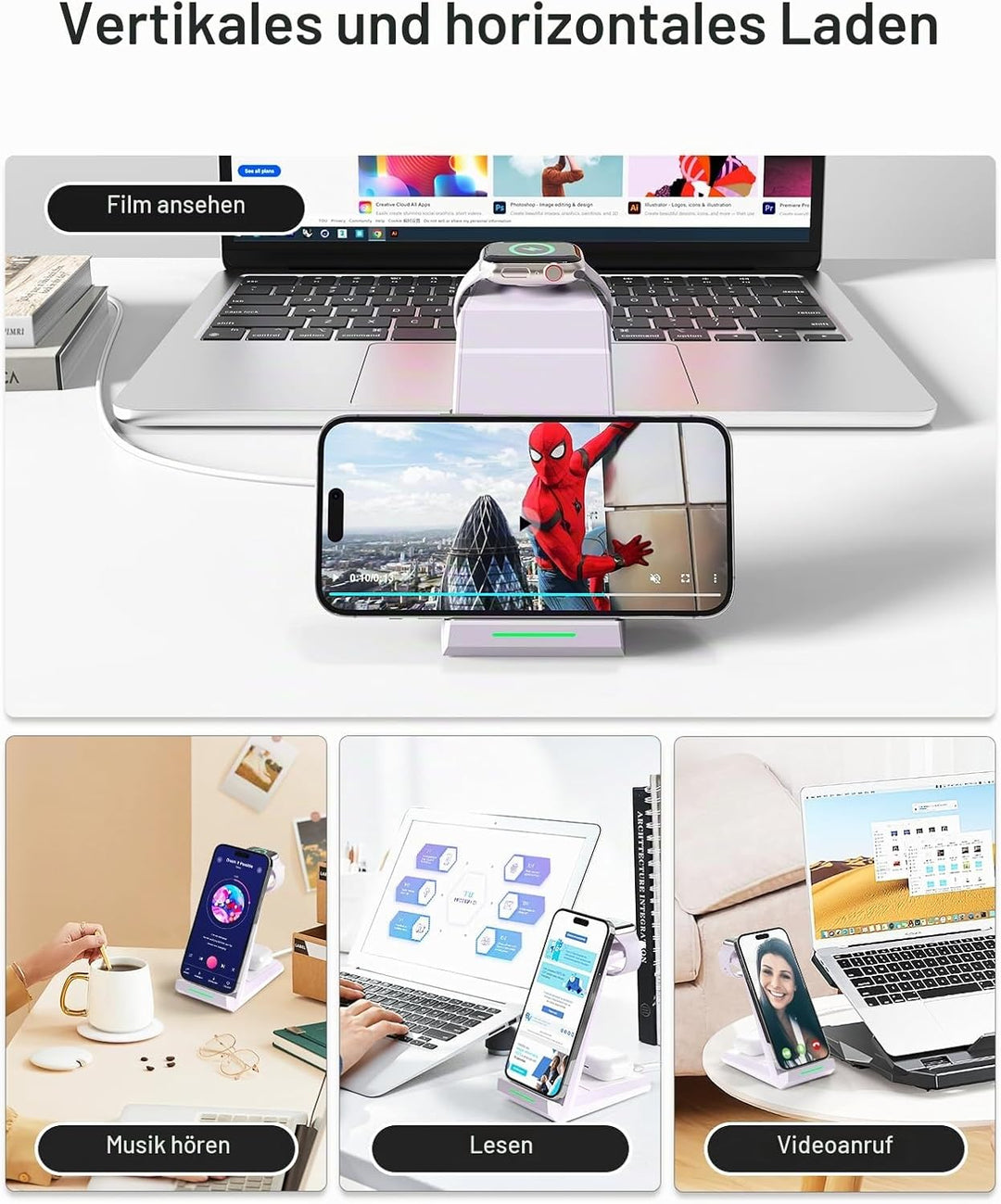 3 in 1 Induktive Ladestation Apple Watch und iPhone, Kabelloses Ladegerät für iPhone 17/16/15/14/13/