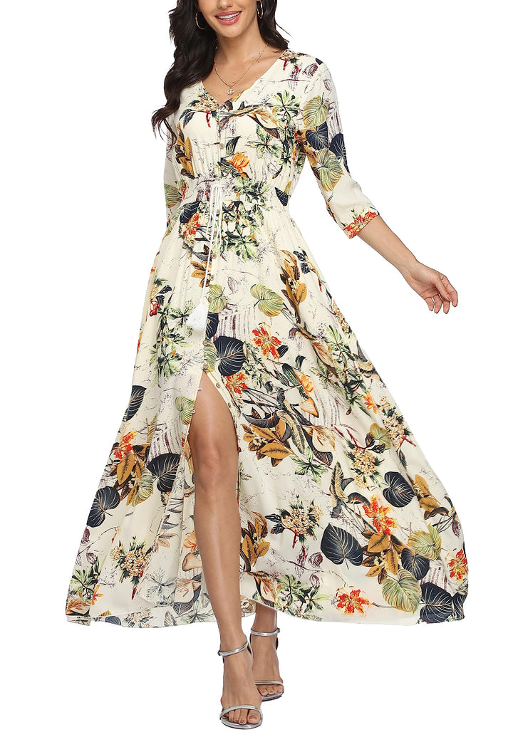 VOGMATE Damen Lange Split Knopf Up Sommer Maxikleid Floral Strandwear Holidy Kleid Hohe Taille mit k