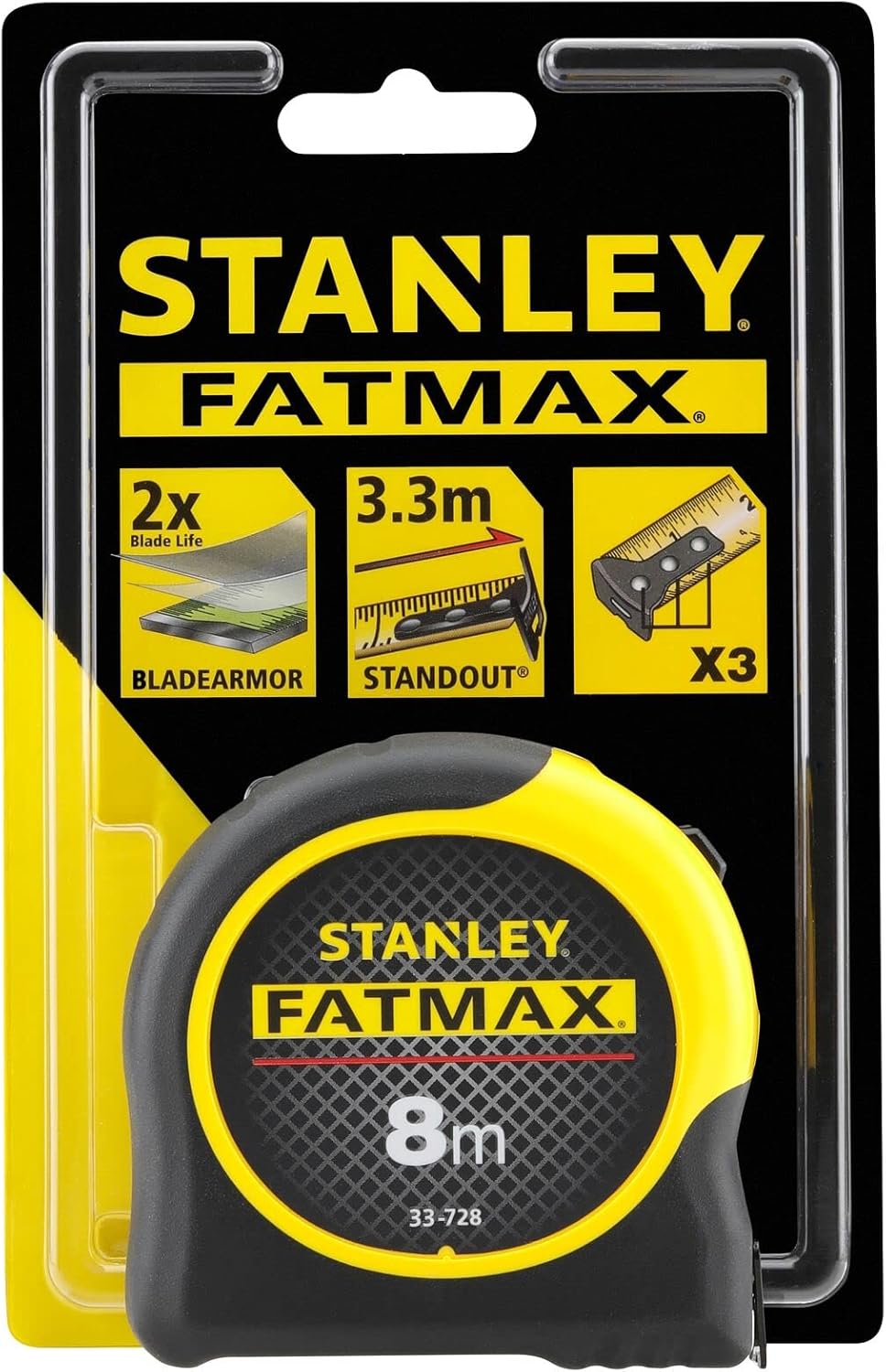 Stanley FatMax Bandmass Blade Armor (8 m Länge, Feststeller, automatischer Rücklauf, Gürtelclip, Dyn