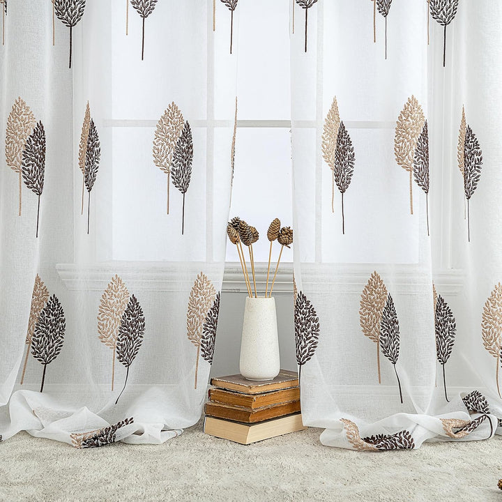 MIULEE Gardinen Transparent mit Kaffee und Braun Blätter Muster, Ösen Gardinen 280 cm Hoch, Modern G