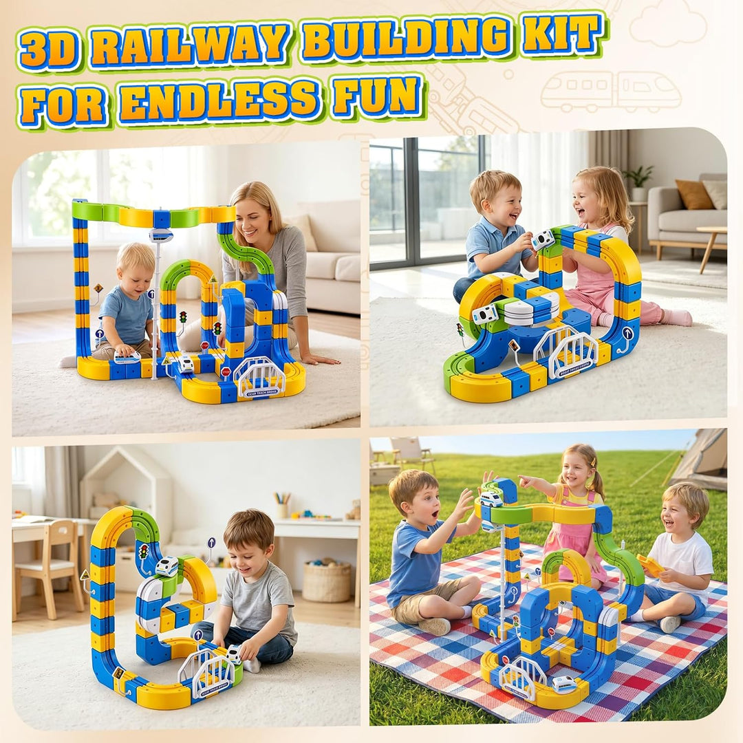 124 Stück Cube Track Set, Elektrische Eisenbahn mit 2 Zügen & 3D Gear Track, DIY Bausteine klick-Sys
