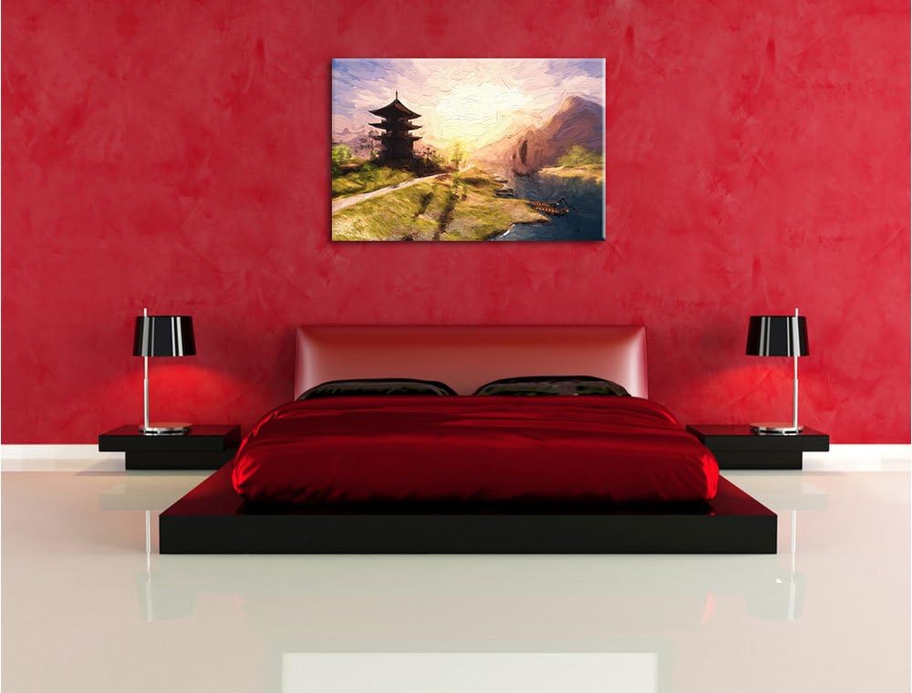Pixxprint asiatischer Tempel an Fluss als Leinwandbild/Grösse: 100x70 / Wandbild/Kunstdruck/fertig b