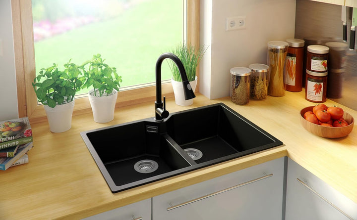Spülbecken Schwarz 78x50cm, Granitspüle 2 Becken + Ablauf-Set, Küchenspüle ab 80er Unterschrank - Ma