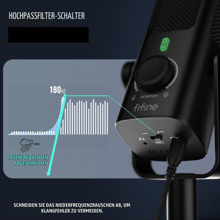 FIFINE Low-Cut Mikrofon Profile3, USB-Kondensatormikrofon mit Monitor-Mix-Lautstärkeregelung für Stu