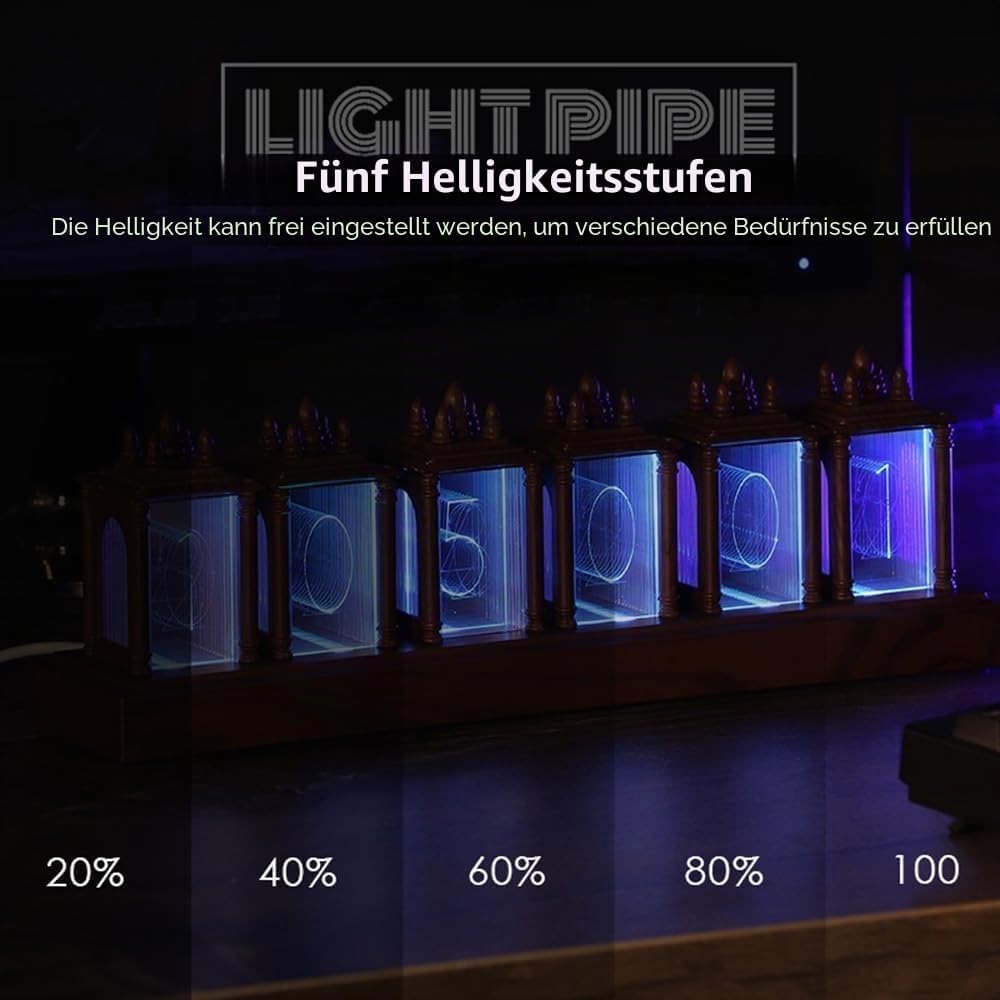 Nixie Röhrenuhr Walnuss Digitaluhr, 12/24h Alarm &amp; Display, Einstellbare Helligkeit und Farbe Nachtl