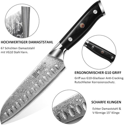 PAUDIN Santokumesser Damastmesser 17 cm, Ultra Scharfes Kochmesser aus 67 Lagen Damaststahl mit japa