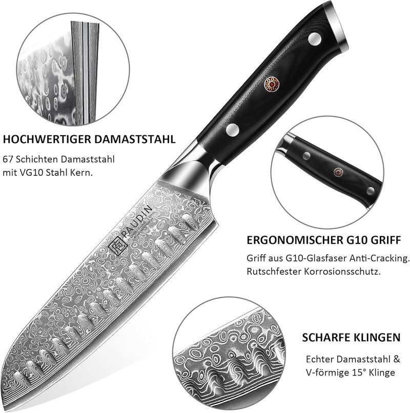 PAUDIN Santokumesser Damastmesser 17 cm, Ultra Scharfes Kochmesser aus 67 Lagen Damaststahl mit japa