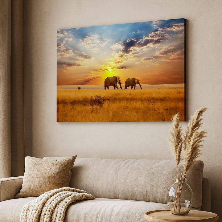 Bilder auf Leinwand 100x70cm Leinwandbild Elefanten Safari Dschungel Busch Gross Wanddeko Bild Schla