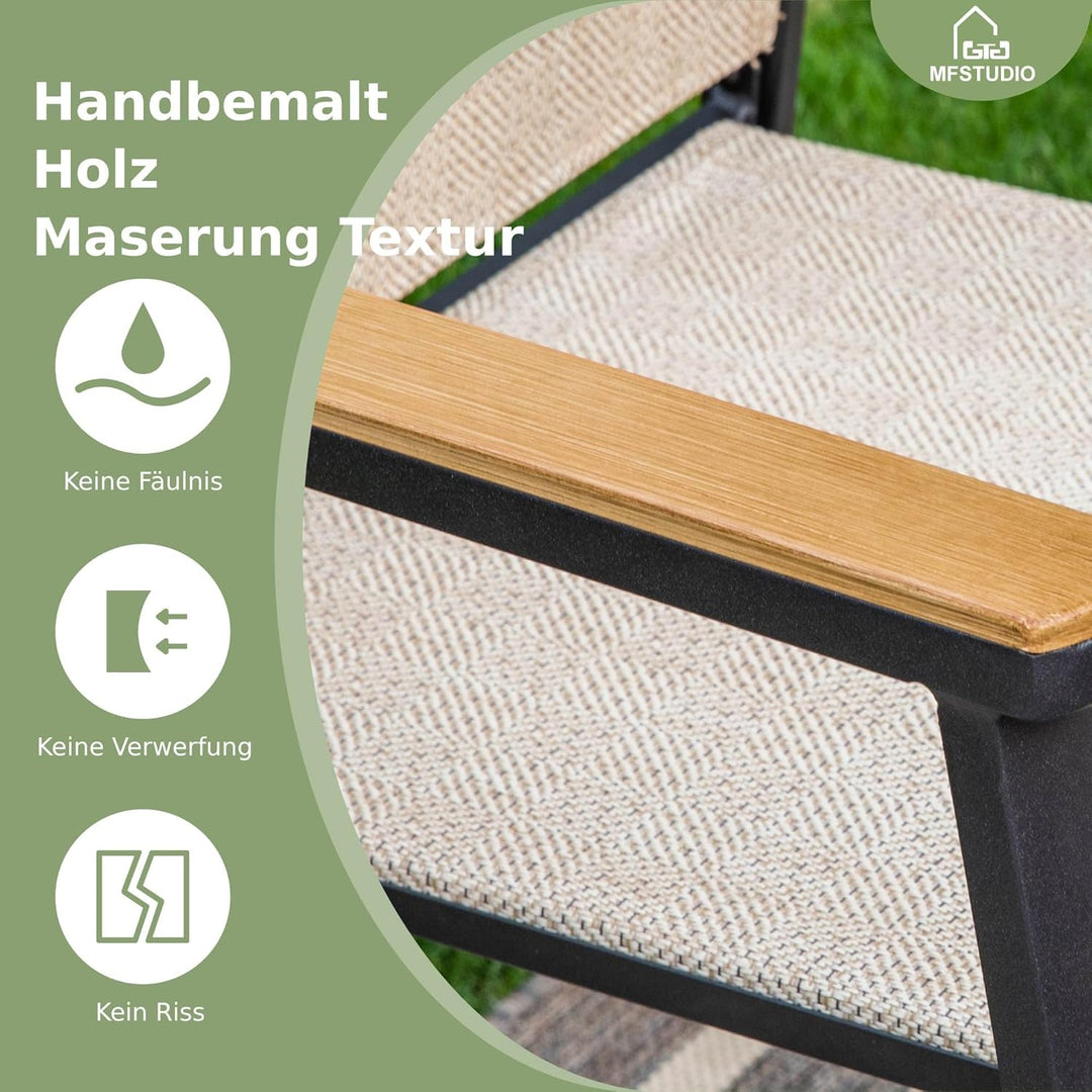 MFSTUDIO Gartenstuhl 4er Set Aluminium, Textilene Balkon Stühle Stapelbar mit Handlauf mit Holzmaser