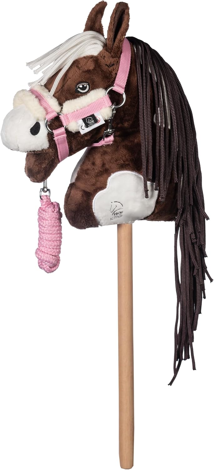 HKM Kids Hobby Horse, Schecke Braun-Weiss, mit Halfter und Führstrick in Rosa, Steckenpferd für Kind