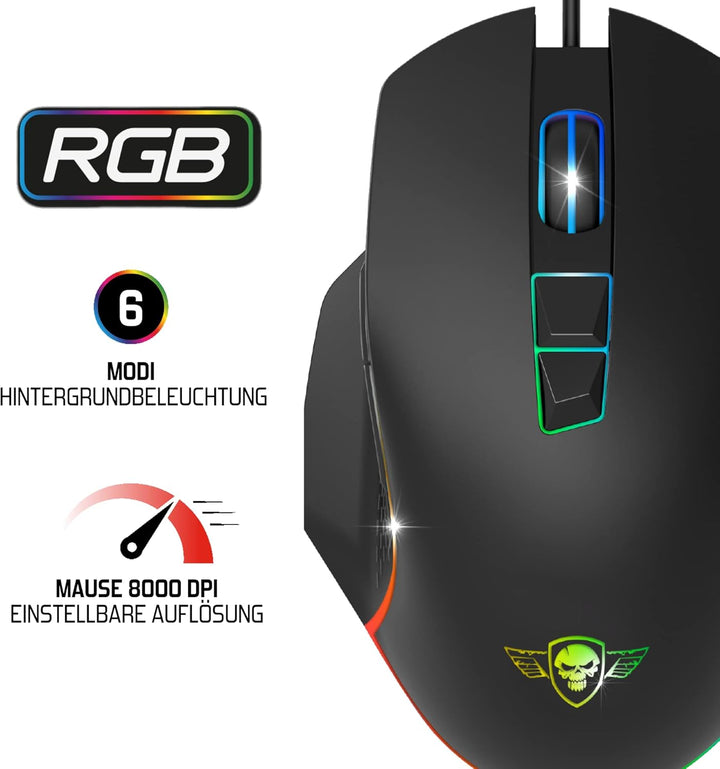 SPIRIT OF GAMER Pro M1, Gaming Maus Kabelgebunden, 7 Programmierbare Knöpfe, Optischer Sensor 8000 D