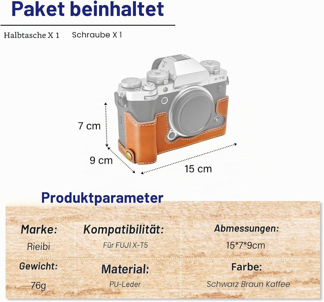 Rieibi Fuji XT5 Schutzhülle – hochwertiges PU-Leder Halbtasche für Fujifilm X-T5 Digitalkamera – sch