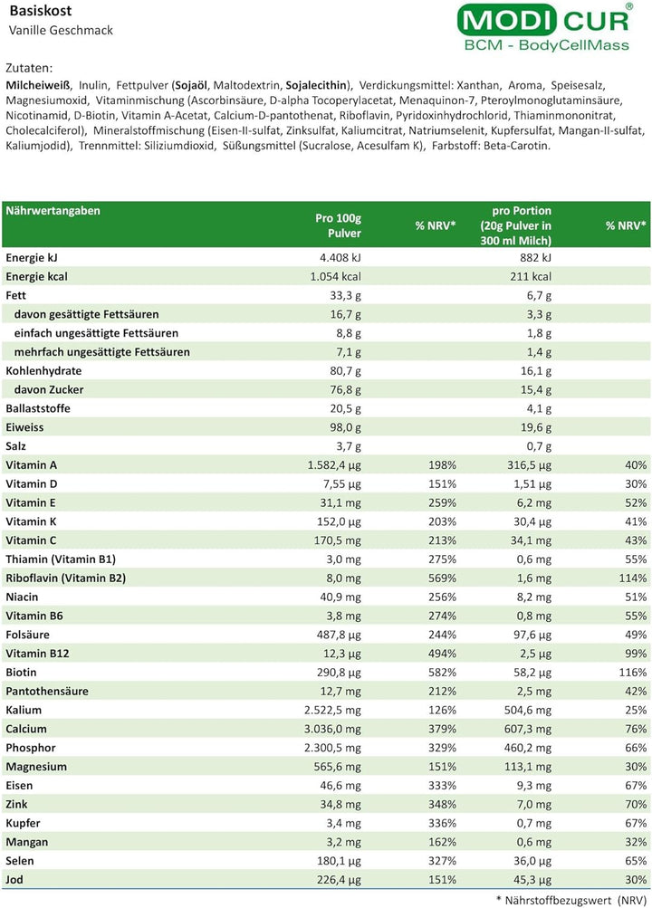 BCM Modicur Basis Vanille 1 Dose à 500g (24 Portionen/BCM Diät/Eiweissshake/BCM BodyCellMass)