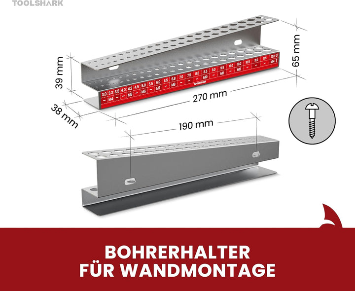 Bohrerhalter leer, aus Edelstahl rostfrei - Organizer für 46 Bohrer zum Verschrauben an die Wand - Z