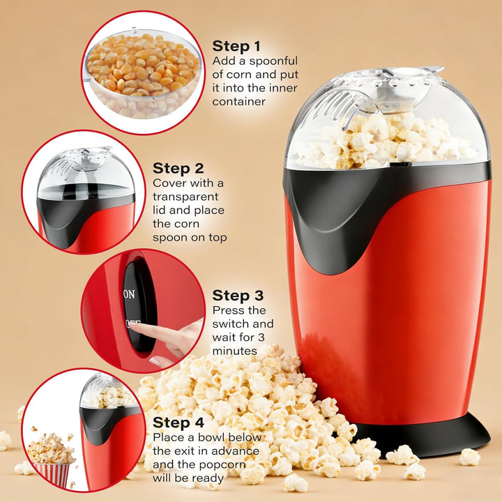 Heissluft Popcornmaschine, 1200W Mini Heissluft Popcorn Maker Ohne Öl Fett, 3 Min Schnellstart, One-