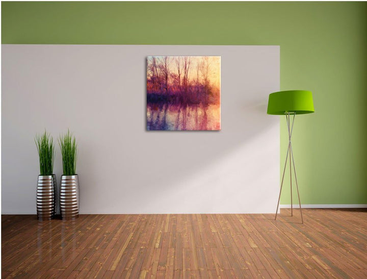 Pixxprint Bäume spiegeln Sich im Wasser Pinsel Effekt, Format: 70x70 auf Leinwand, 70x70