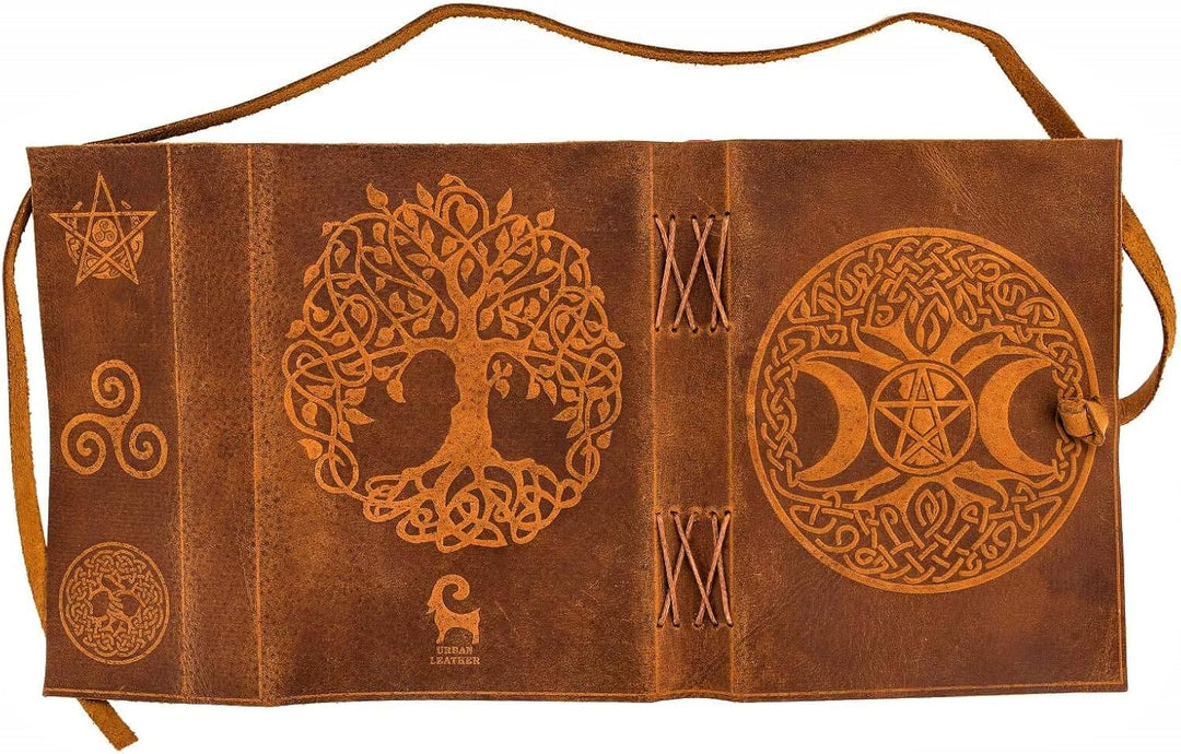 Urbanes Lederbuch mit keltischem Mond und Baum, geprägtes handgefertigtes Tagebuch, Künstlerhandwerk