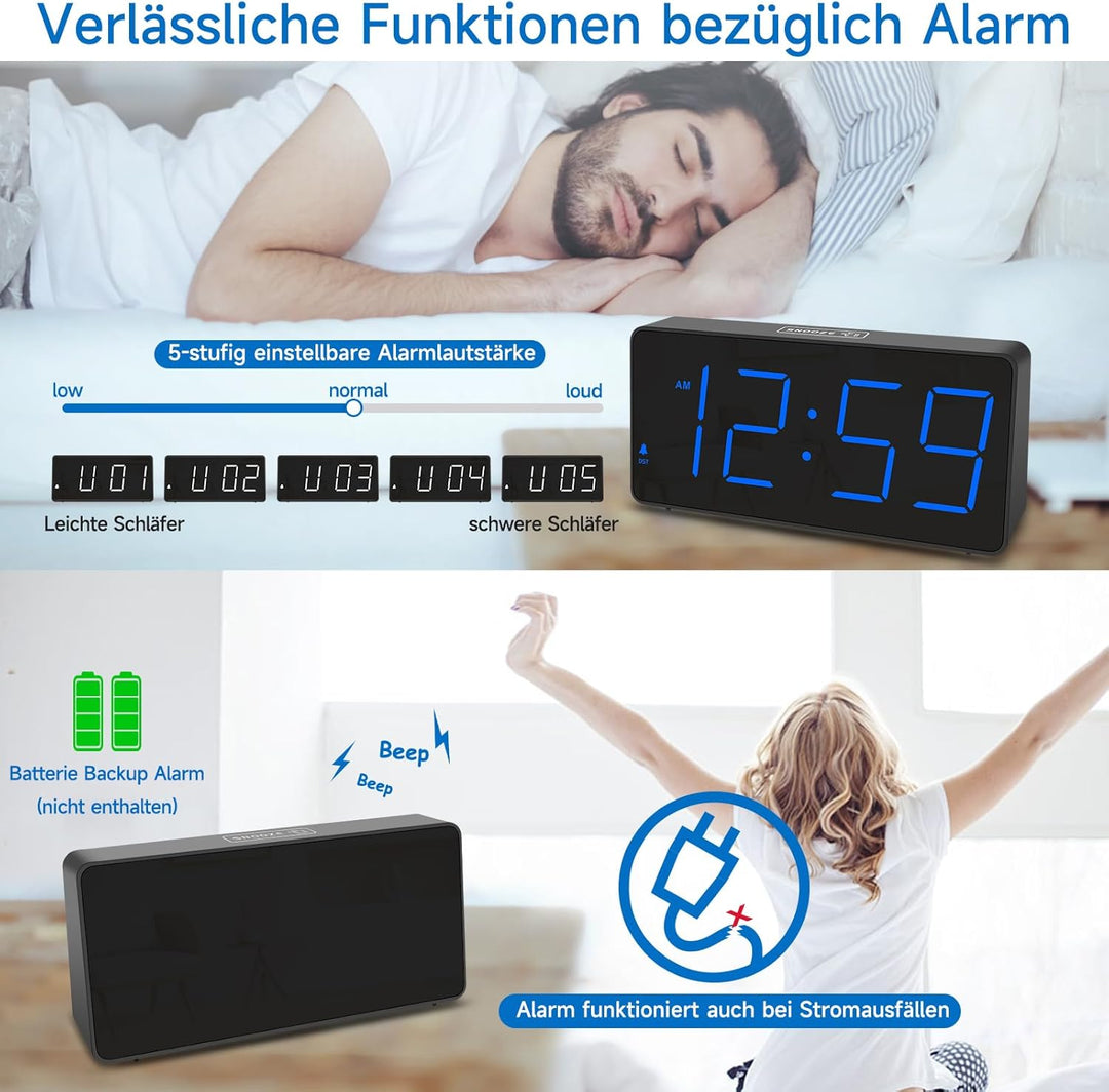 Eachui LED Wecker Digital mit Ladestation, Wecker mit Grossen Zahlen, Helligkeit und Lautstärke Rege