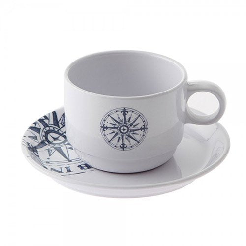 Segelgeschirr Newport Harbor aus Melamine - bruchsicher in blau/Weiss mit Kompass/Windrose Tassenset