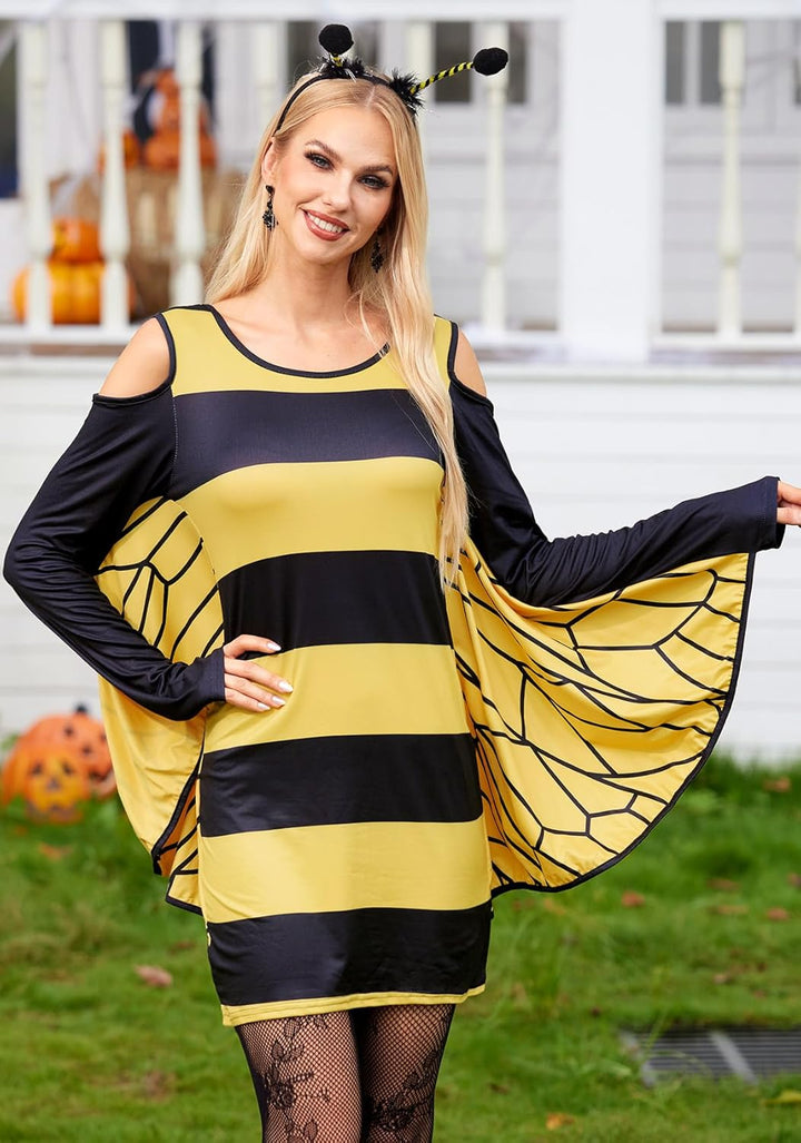 For G and PL Damen Halloween Karneval Langarm Insekt Cosplay Kostüm Kalte Schulter Party Kleid S-XXL