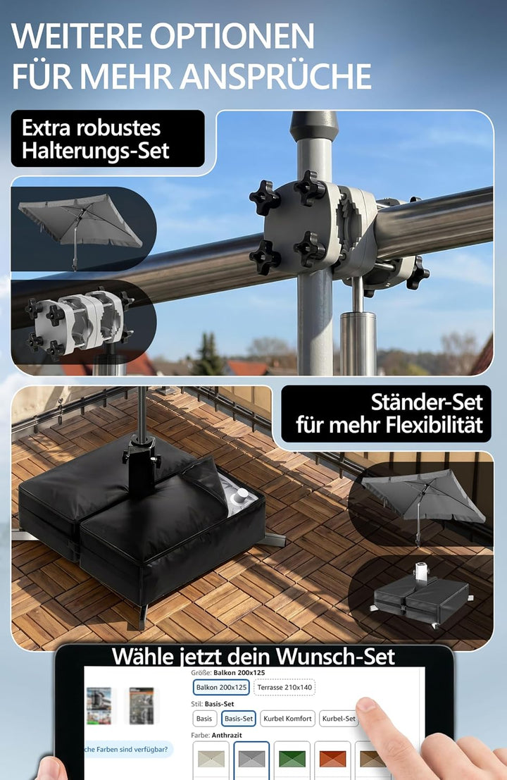 4smile Sonnenschirm Balkon SunnyShade - Sonnenschutz Balkon 3-in-1 SET, Anthrazit - UPF 50+ Sonnensc