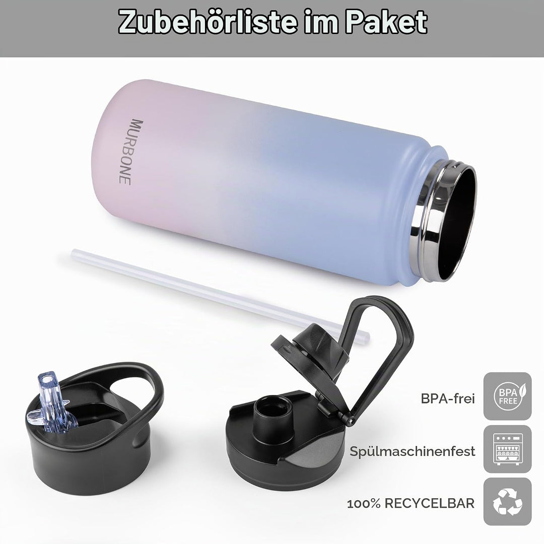 Edelstahl Trinkflasche 500ml (+2 Deckel)-mit Strohhalm,BPA frei,Thermosflasche Auslaufsicher,Kohlens
