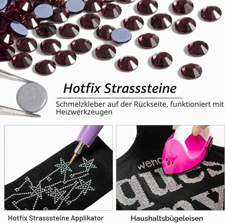 Beadsland 288 Stück Amethyst Hotfix Strasssteine, Hitzefix Strasssteine zum Basteln, Hotfix Kristall