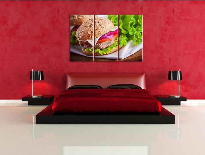 Pixxprint Köstlicher Hamburger als 3-Teiler Leinwandbild 120x80 Bild auf Leinwand