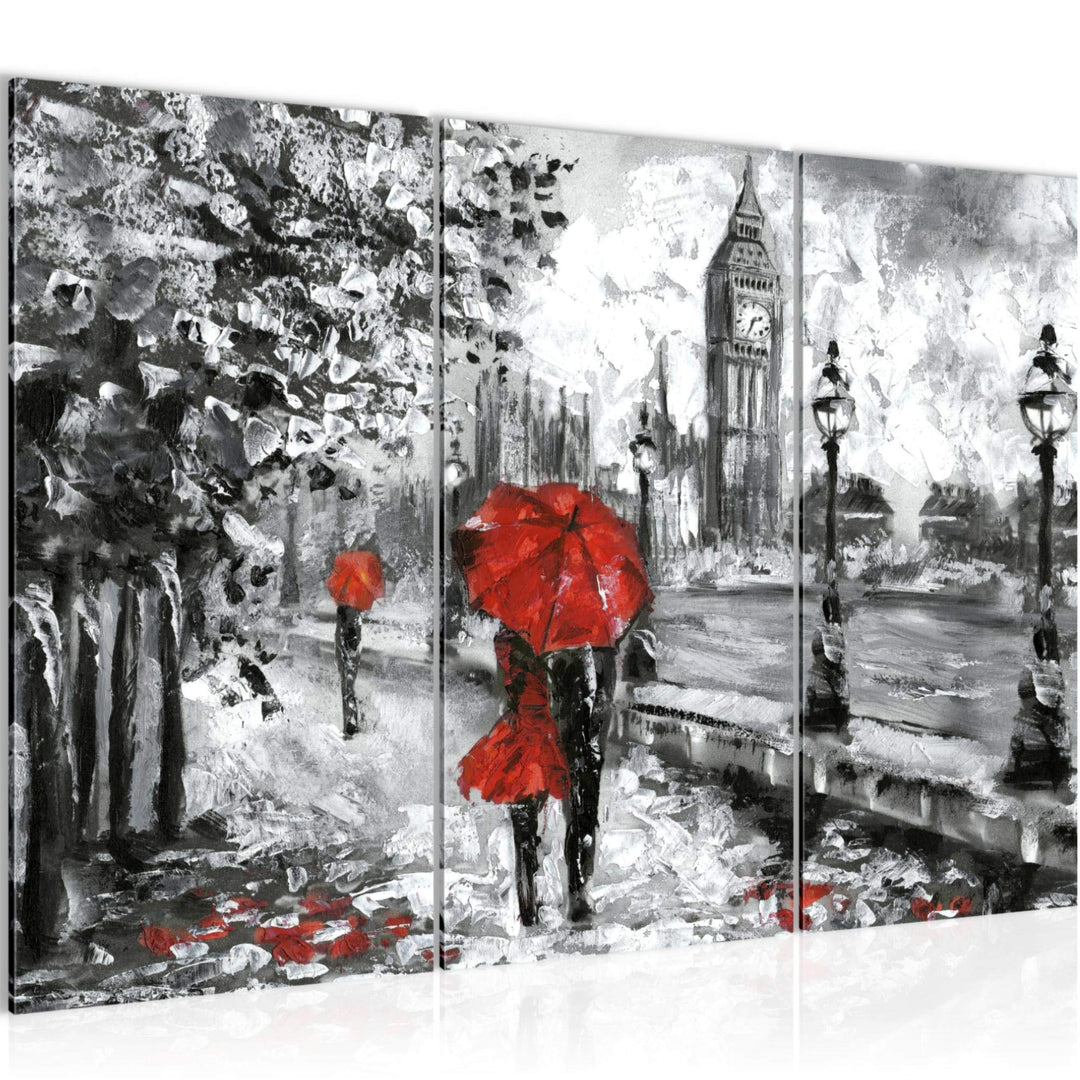 Runa Art Wandbilder London Bild XXL Wohnzimmer Schlafzimmer Rot Grau Gemalt 120 x 80 cm 3 Teilig 024