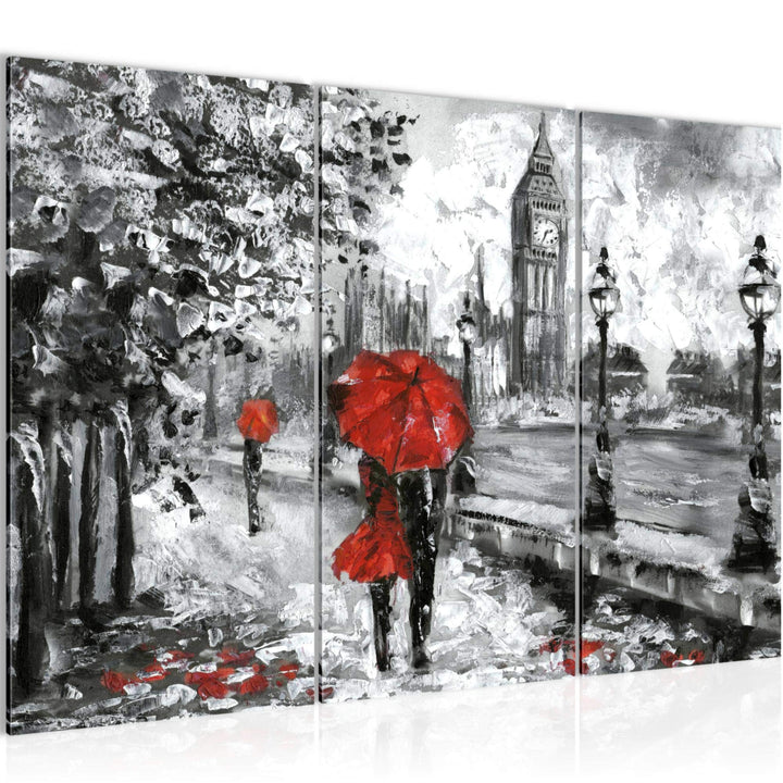 Runa Art Wandbilder London Bild XXL Wohnzimmer Schlafzimmer Rot Grau Gemalt 120 x 80 cm 3 Teilig 024